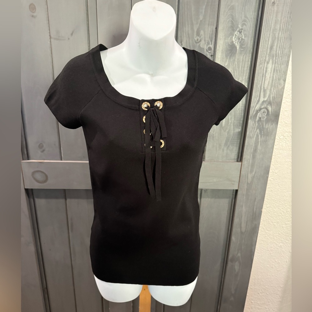 INC International Concepts Womens Black Short Sleeve Grommet Lace-Up Top